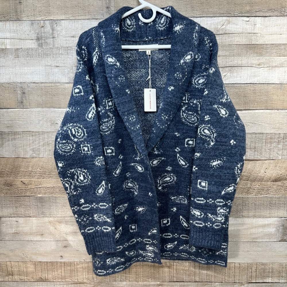 Lucky Brand Women Blue Paisley Print Shawl Collar Cardigan Sweater Medium‎